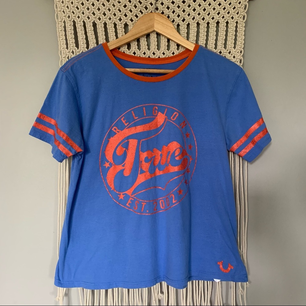 True Religion Graphic Logo Striped Sleeve T-Shirt